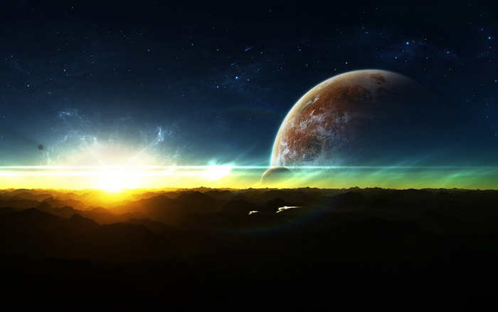 Sci Fi Sunrise Over Alien Landscape with Planets