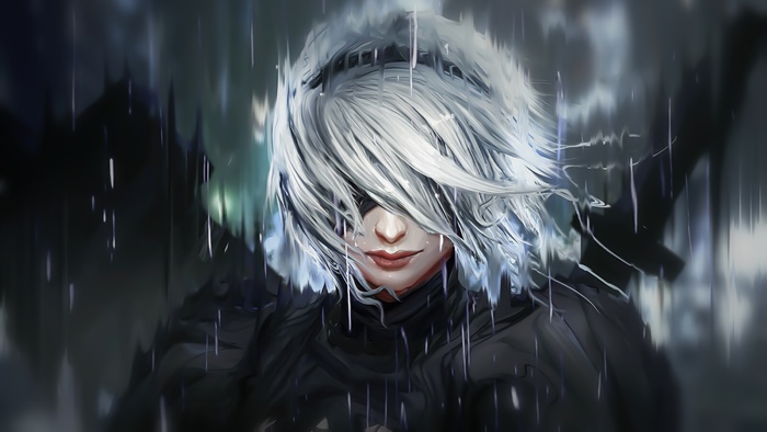 2B from Nier Automata in the rain 4K