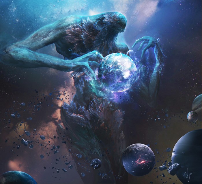 Giant cosmic creature holding a glowing planet