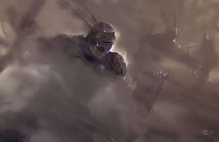Fantasy warriors in armor emerging from mist