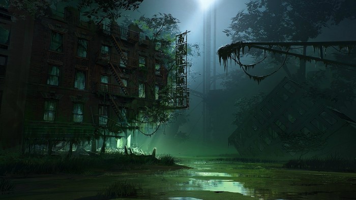 Post-apocalyptic overgrown city with swamp
