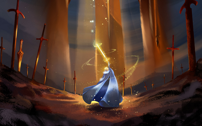 Saber from Fate Series holding a glowing sword