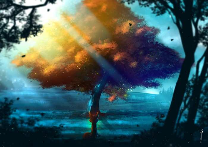 Fox under a sunlit tree in a mystical forest