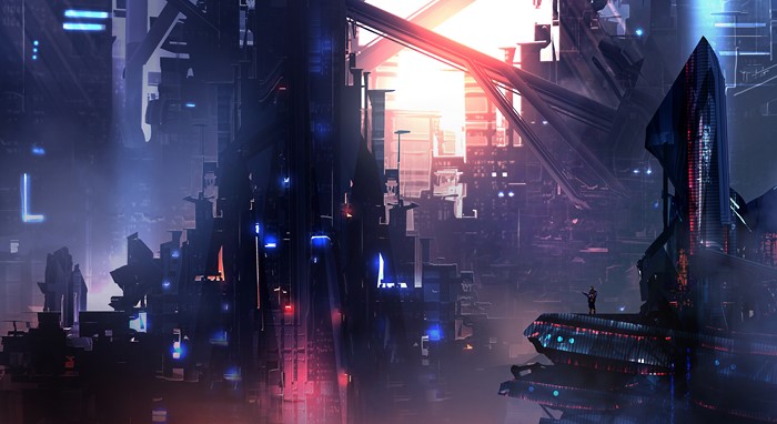 Futuristic Cityscape with Tall Buildings and Bright Lights