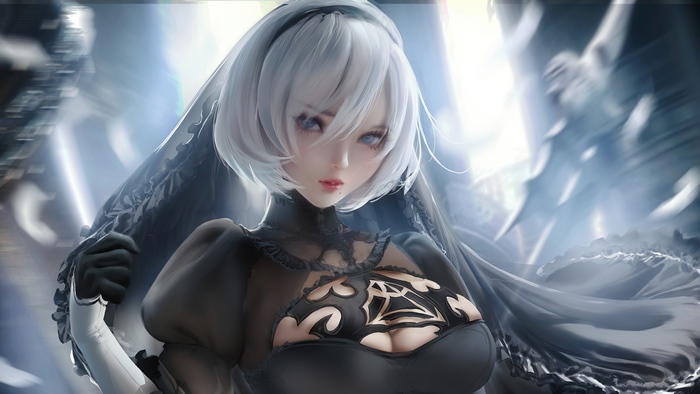 2B, Nier Automata, Black, Dress, 4K