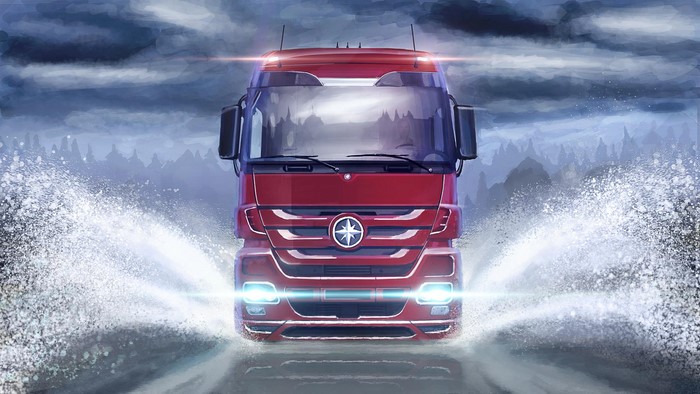 Red Truck Driving Through Water in Euro Truck Simulator 2