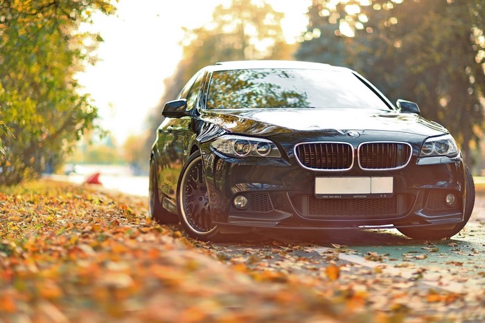 Black BMW 5 Series car on autumn road