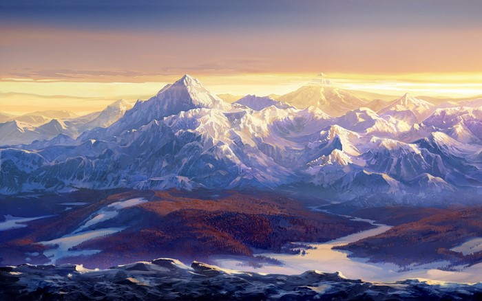 Snowy mountain range at sunrise