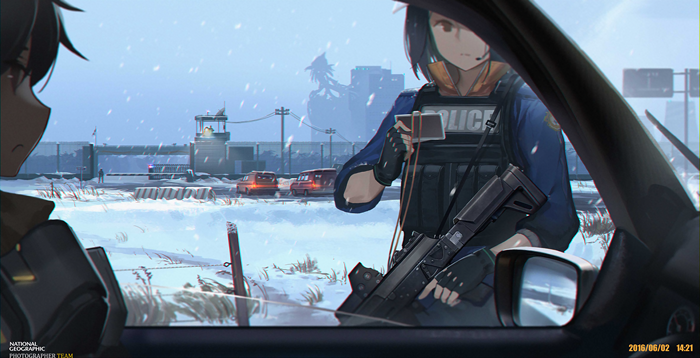 Police officer at snowy checkpoint