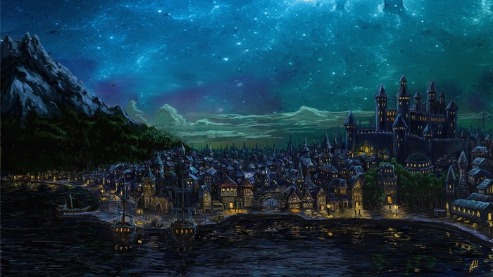 Fantasy city with castle by a lake under starry sky