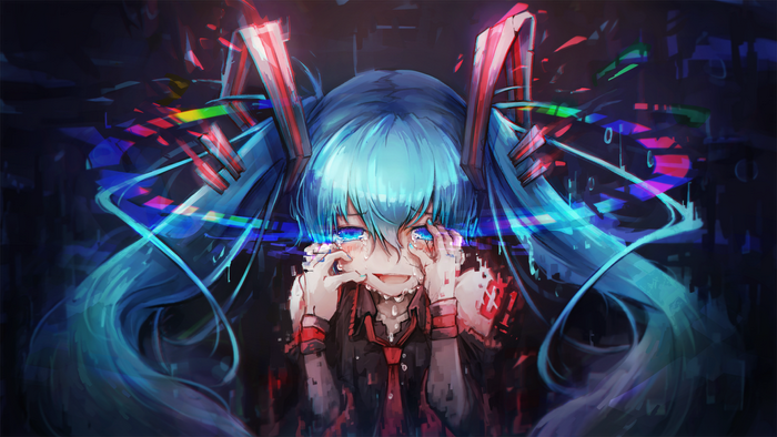 Hatsune Miku crying with glitch effects