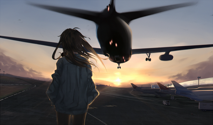 Anime girl watching airplane land at sunset