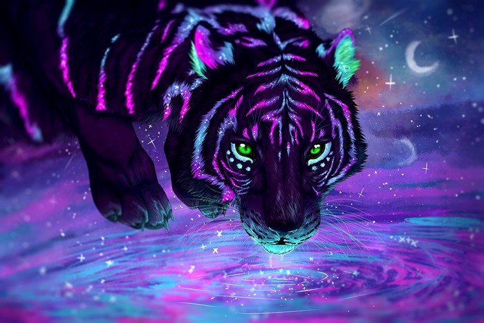 Neon Tiger drinking from a cosmic pool