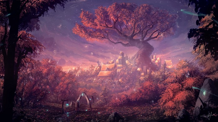 Fantasy city in a forest with a large tree