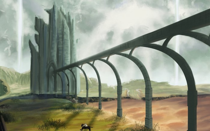 Ruined castle with arched bridge and rider