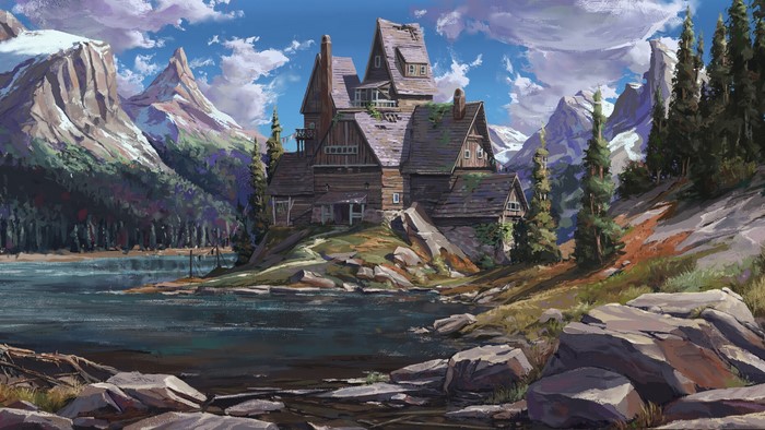 Wooden house on a rocky hill by a lake with mountains
