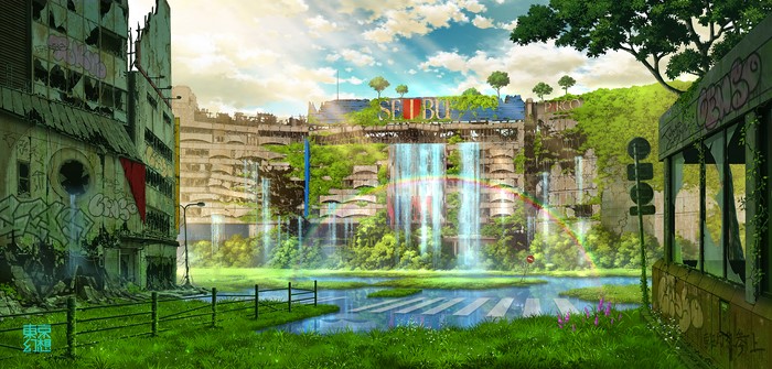 Post-apocalyptic city with waterfalls and overgrown buildings
