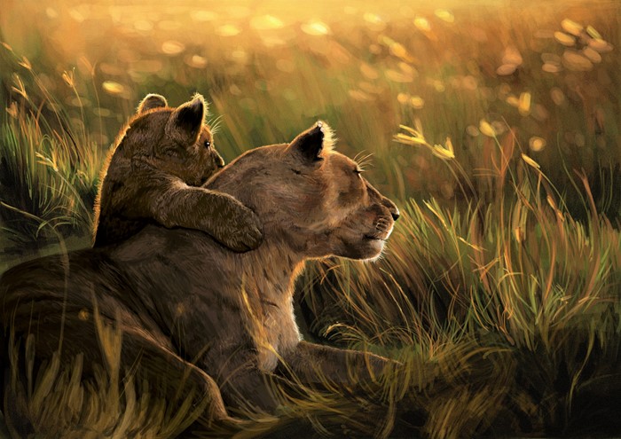 Lioness and cub in tall grass at sunset