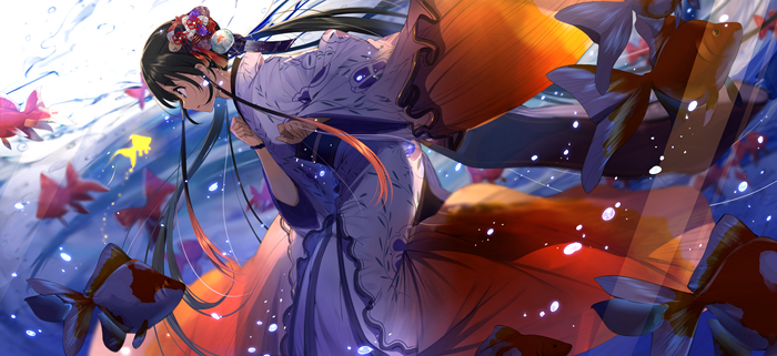 Anime girl in kimono with goldfish