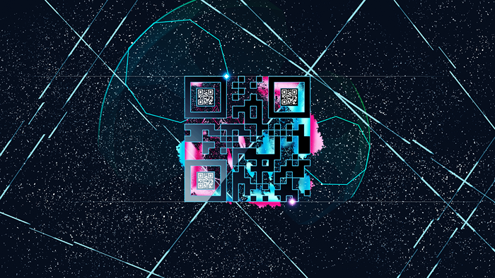 QR code in abstract space with geometric lines