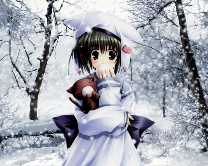 Anime girl with cat plush in snowy forest