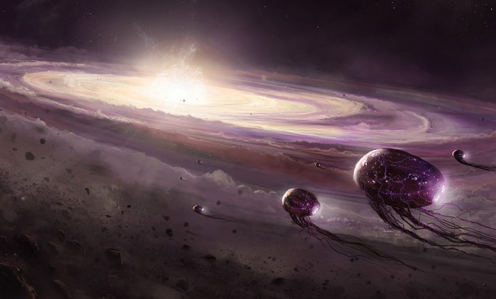 Space jellyfish near a swirling galaxy
