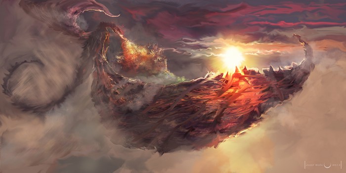 Dragon breathing fire over a floating island at sunset