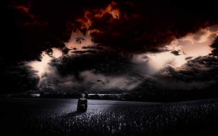 Stormy Night with Lightning and Lone Figure