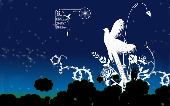 White bird and flowers against starry night sky