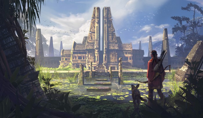 Man with dog and bow near ancient temple ruins