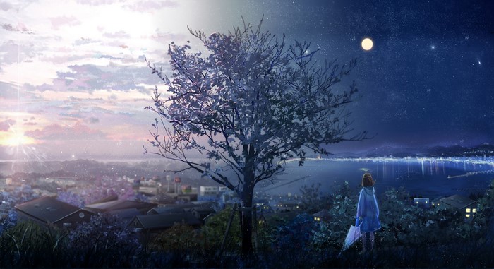 Girl with umbrella looking at city lights at night and sunrise