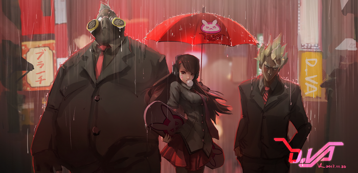 D.Va, Junkrat, and Roadhog from Overwatch in the rain