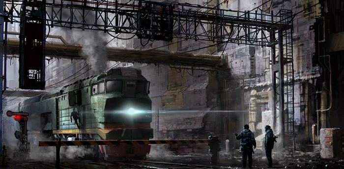 Train in industrial setting with two figures
