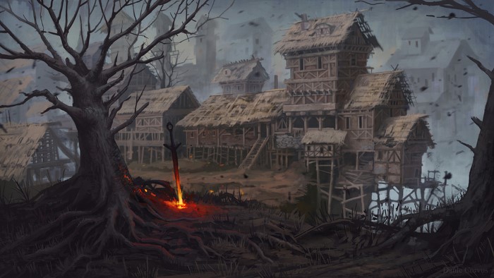 Dark Souls village with glowing sword