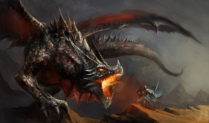 Dragon breathing fire at a knight