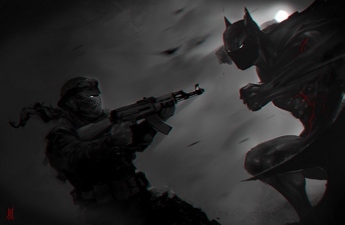 Batman fighting a soldier with an AK-47