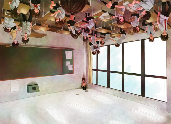 Classroom with students and a girl sitting on the floor