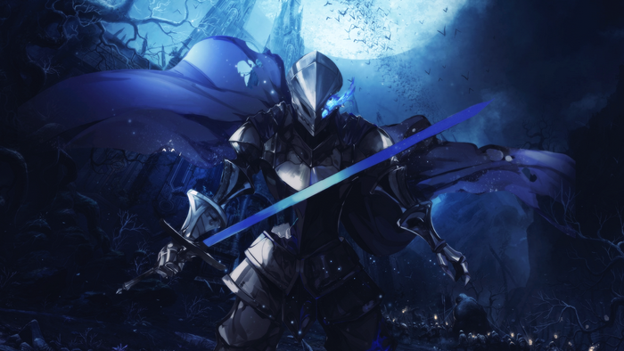 Knight with blue flames and sword in dark forest