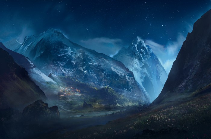 Mountain valley village at night under starry sky
