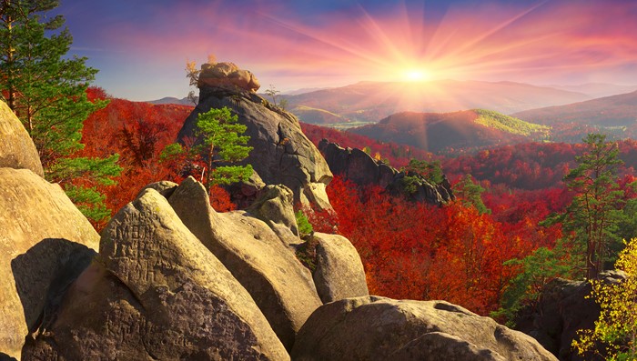 Mountain landscape with autumn foliage at sunset