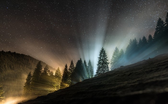 Night sky over a foggy forest in the Alps