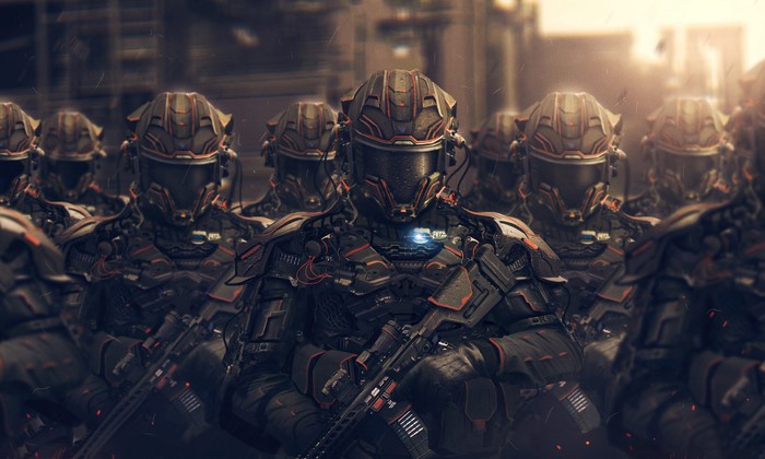 Futuristic soldiers in sci-fi military armor