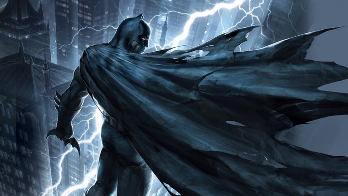 Batman in a stormy Gotham City