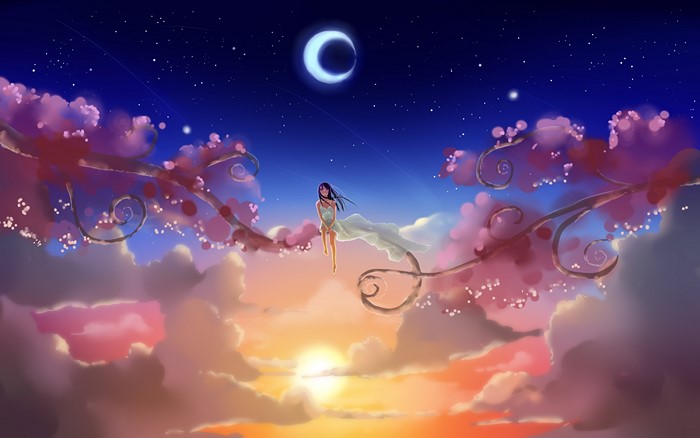 Anime girl sitting on a tree branch at sunset