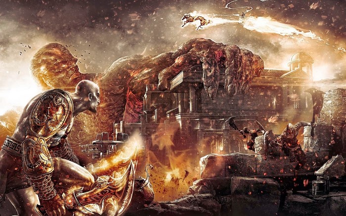 Kratos fighting giants in God of War III