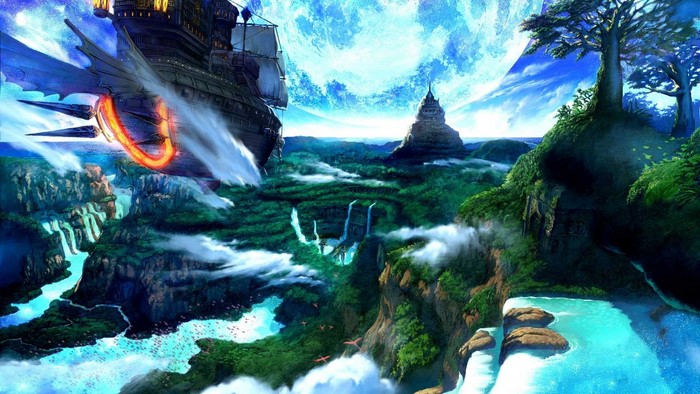 Fantasy landscape with a large airship and waterfalls