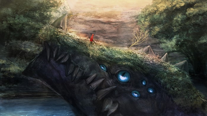 A person in a red cloak walks on a moss-covered creature