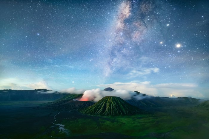 Volcano under the Milky Way at Night