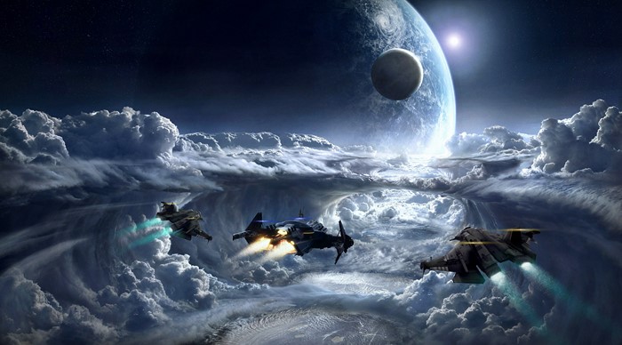 Spaceships flying through clouds near a planet in Star Citizen