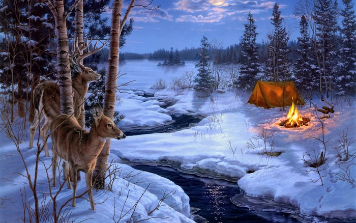 Deer by a frozen stream with a campsite